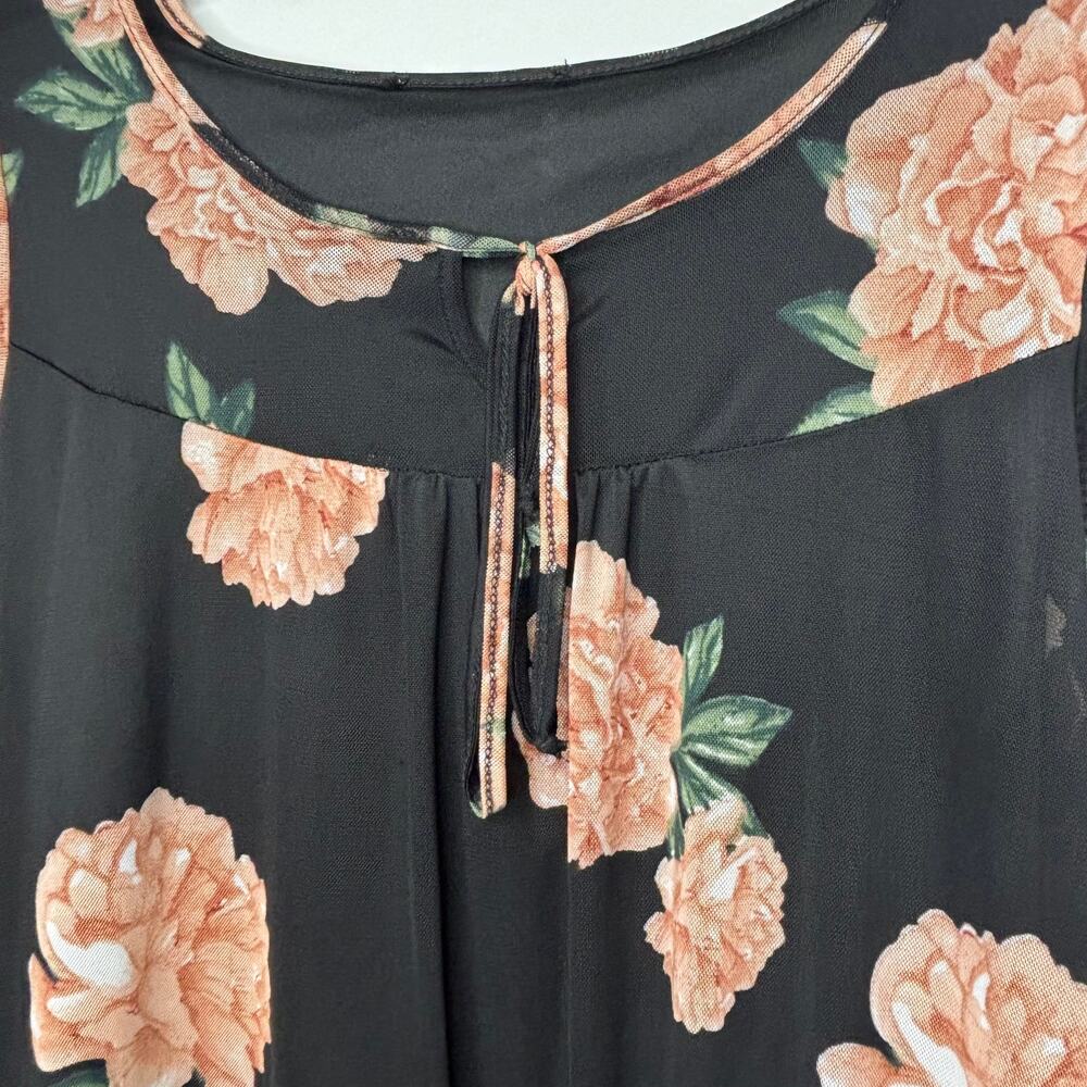 Black Floral Mesh Bell Sleeve Blouse Women’s Med Boho Sheer Sleeve Top - Picture 3 of 8